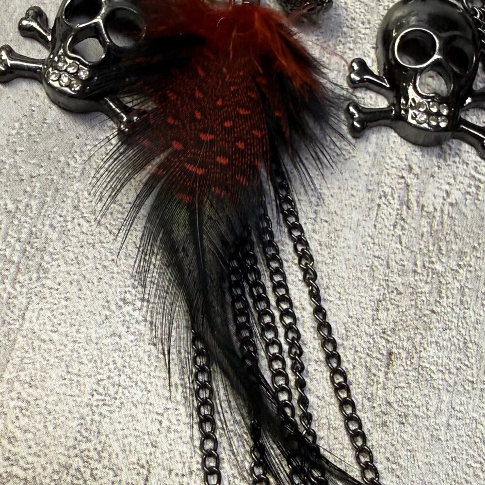 Gothic Skull Dangle Earrings Chain Red Feathers Crystal Accent Boho Punk Jewelry - Picture 8 of 16